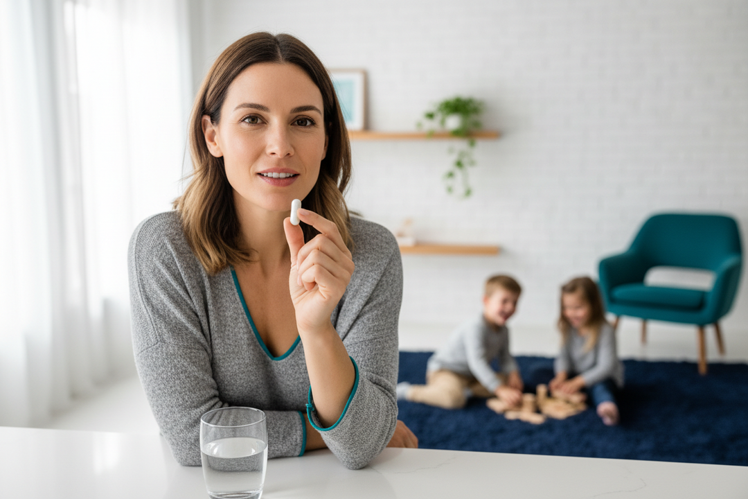 Mom holding Parent Fuel natural energy supplement capsule
