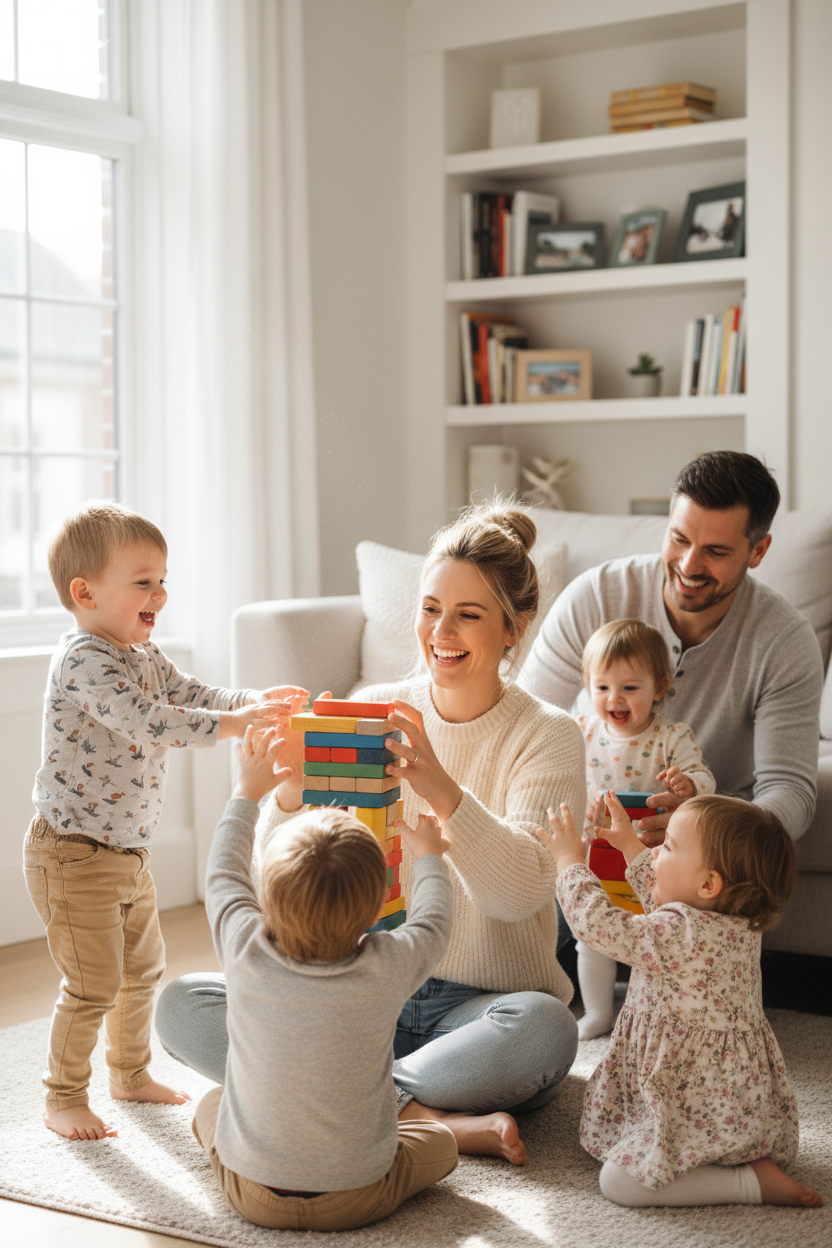 Energized parents playing together in a living room with children