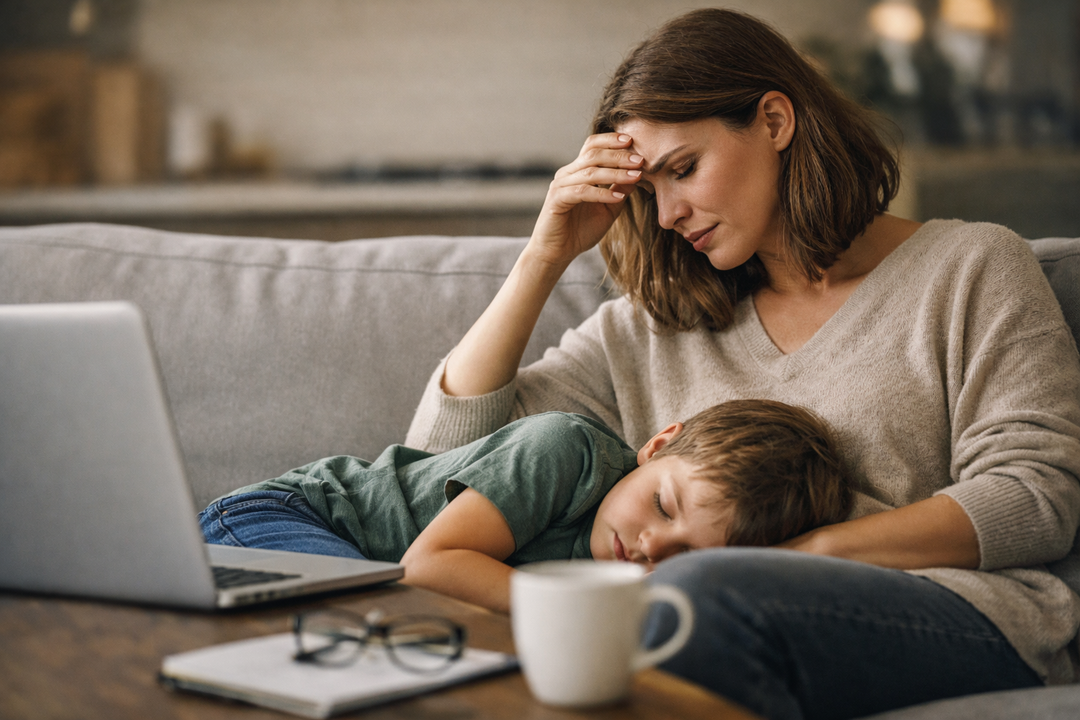 Exhausted mom with sleeping child needing natural energy support